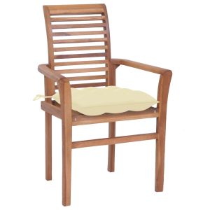 Eetkamerstoelen 2 st met crèmewitte kussens massief teakhout