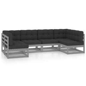 6-delige Loungeset met kussens massief grenenhout grijs
