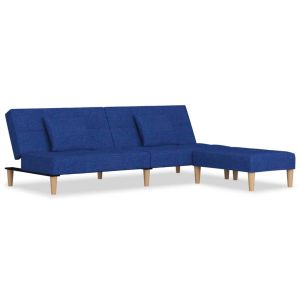 Slaapbank 2-zits met 2 kussens en voetenbank stof blauw