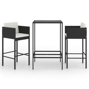 3-delige Tuinbarset met kussens poly rattan zwart