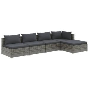 5-delige Loungeset met kussens poly rattan grijs