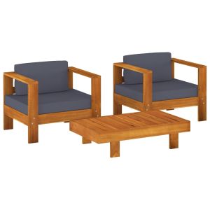 3-delige Loungeset met donkergrijze kussens massief hout