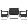 4-delige Loungeset met kussens poly rattan zwart