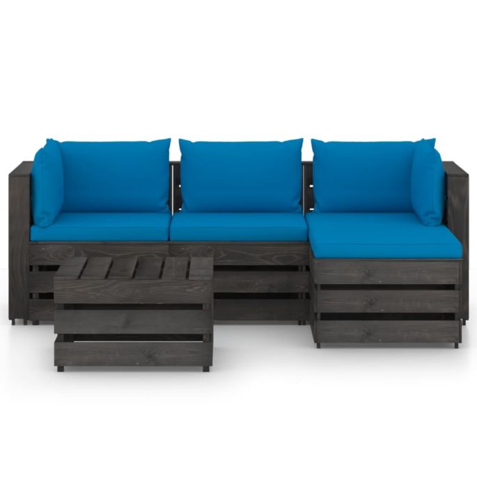 5-delige Loungeset met kussens grijs geïmpregneerd hout