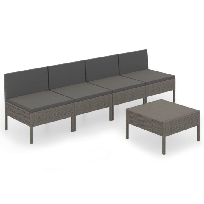 5-delige Loungeset met kussens poly rattan grijs