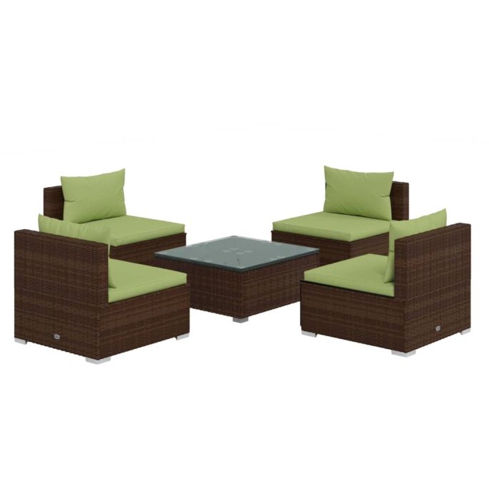 5-delige Loungeset met kussens poly rattan bruin
