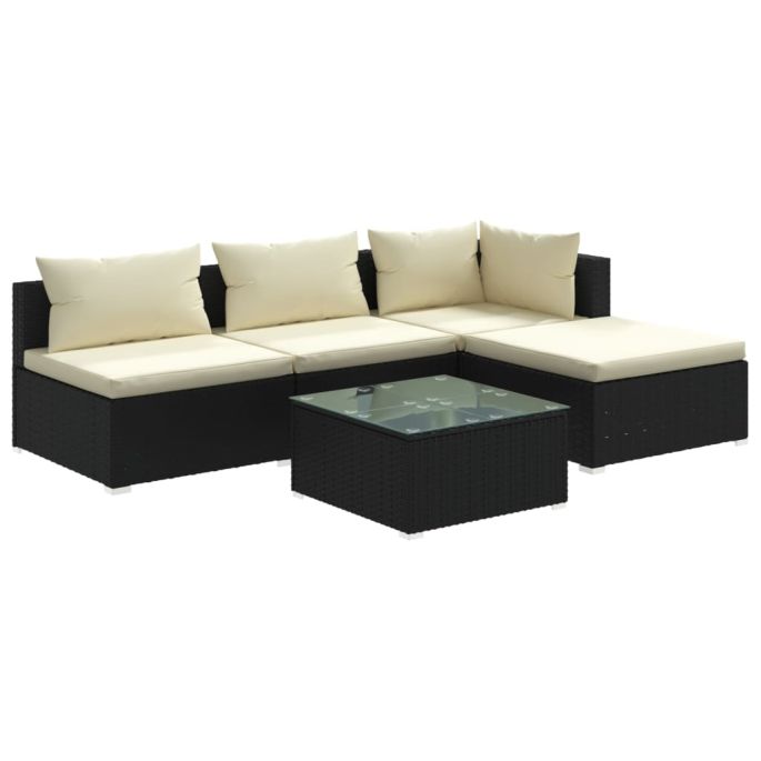 5-delige Loungeset met kussens poly rattan zwart